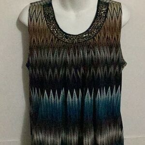 Roz & Ali Beaded Scoop Neck Ombre Chevron Tank - Blue, Brown, Black Size XL